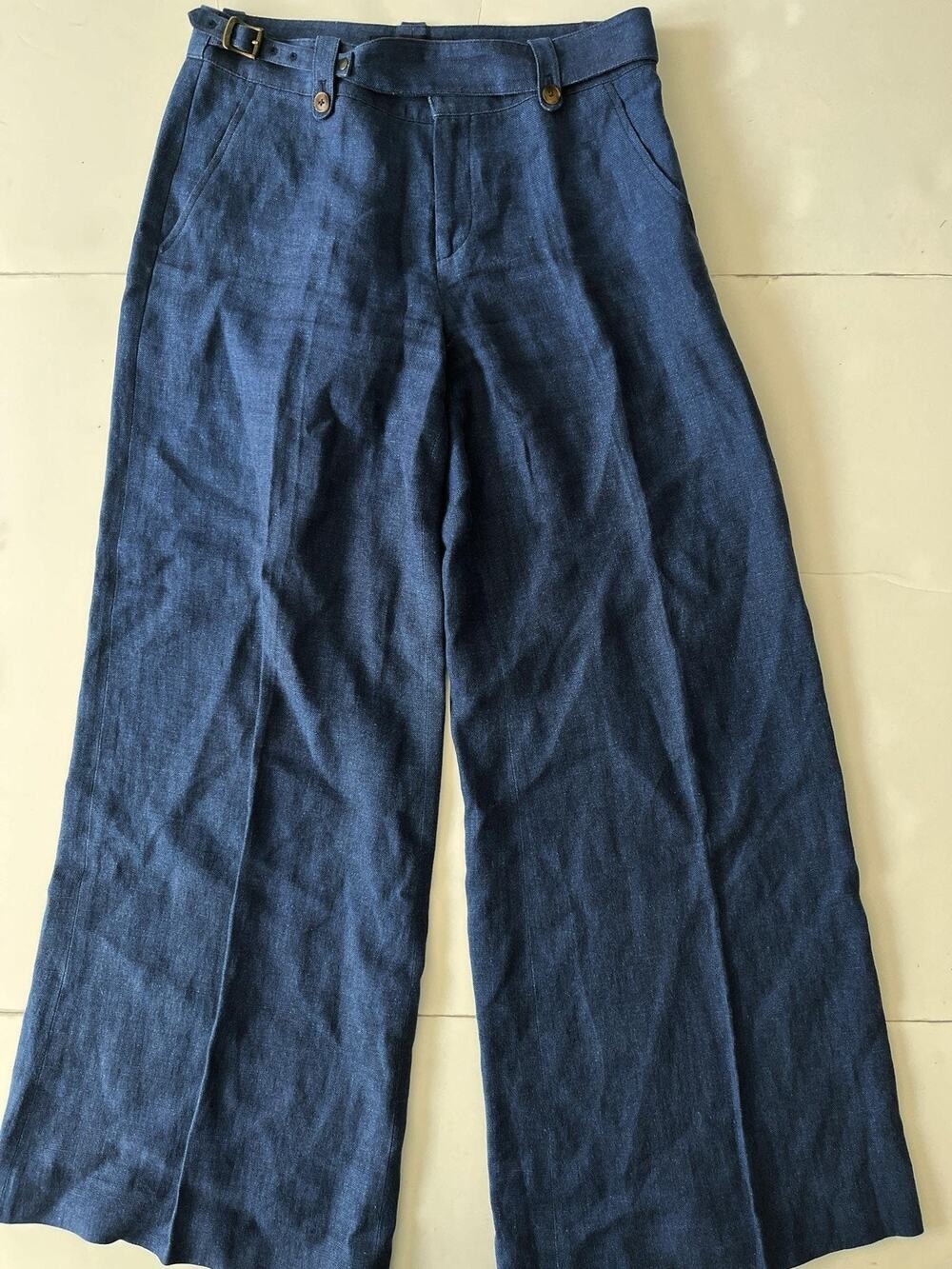 Ralph Lauren Black Label Pants Womens 6 Blue Linen Twill Wide Leg Designer